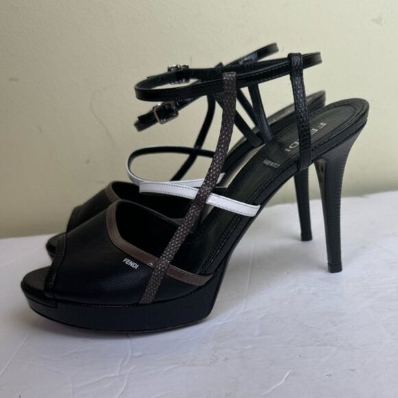Fendi NEW Leather Logo Open Toe Strappy Platform Stiletto Heels Shoes Sandals 7 - Picture 2 of 16